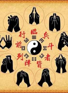 先天八卦九字真言手印图临兵斗者皆阵列前行周易经太极图装饰壁画