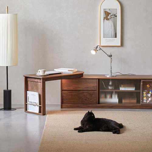 北美黑胡桃木全实木电视柜组合可伸缩落地樱桃木原木小户型视听柜