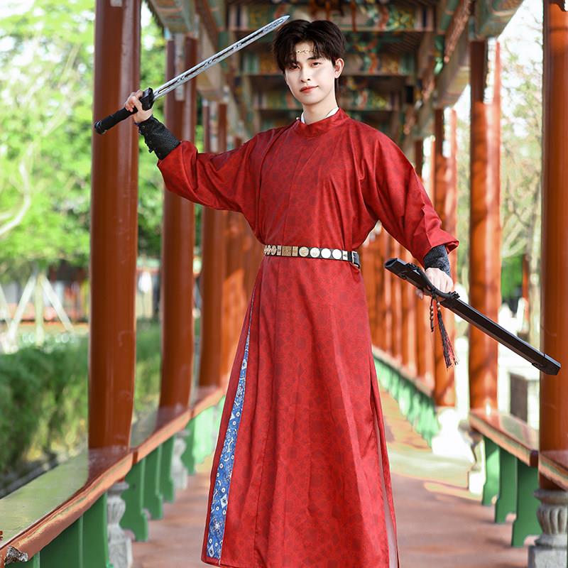 唐制汉服圆领袍男古风武侠演出服中国风红色套装男女同款圆领唐袍