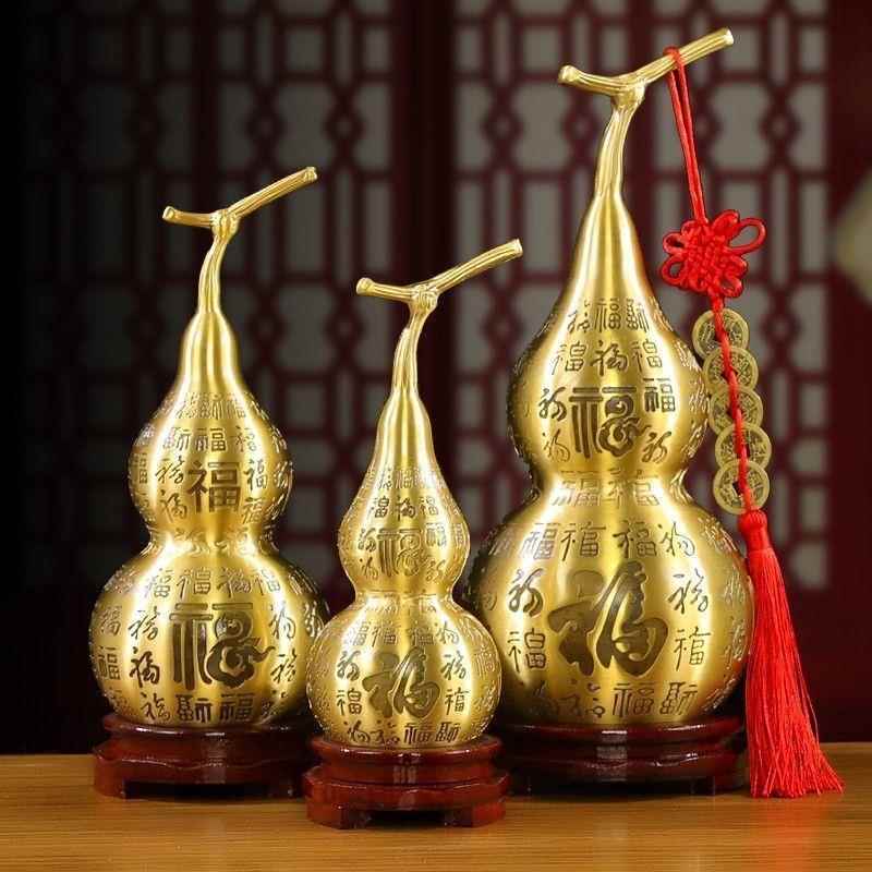 纯黄铜百福葫芦摆件开盖胡葫开口空心家用玄关全铜葫芦五帝钱挂件