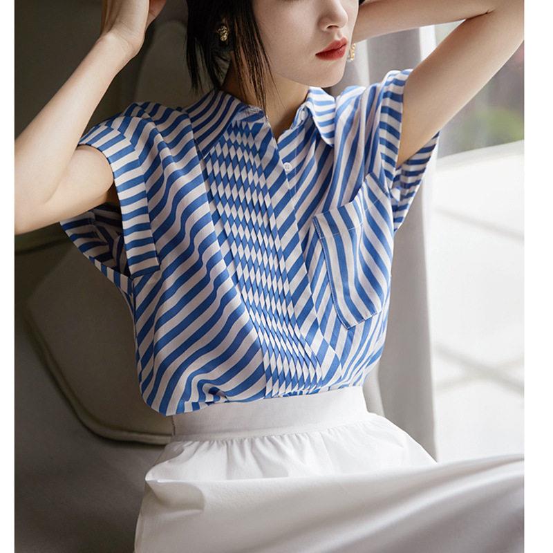 欧洲站蓝白条纹衬衫女2026新款夏季高级感轻奢洋气短袖撞色上衣潮图片