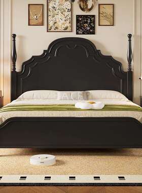 美式主卧安娜床轻奢高级感黑色实木床1米8加床垫双人床家用实木床