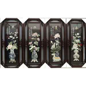 新款玉画四扇屏45*110cm实木框玉春夏秋冬 菊竹兰梅包邮玉雕