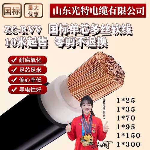 国标多股软线ZRC-RVV阻燃护套单芯铜丝电缆线16/25/240/95平方120