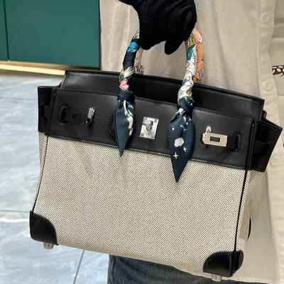 简奢有度/帆布拼牛皮铂金包25.30cm手提托特包通勤大容量真皮女包