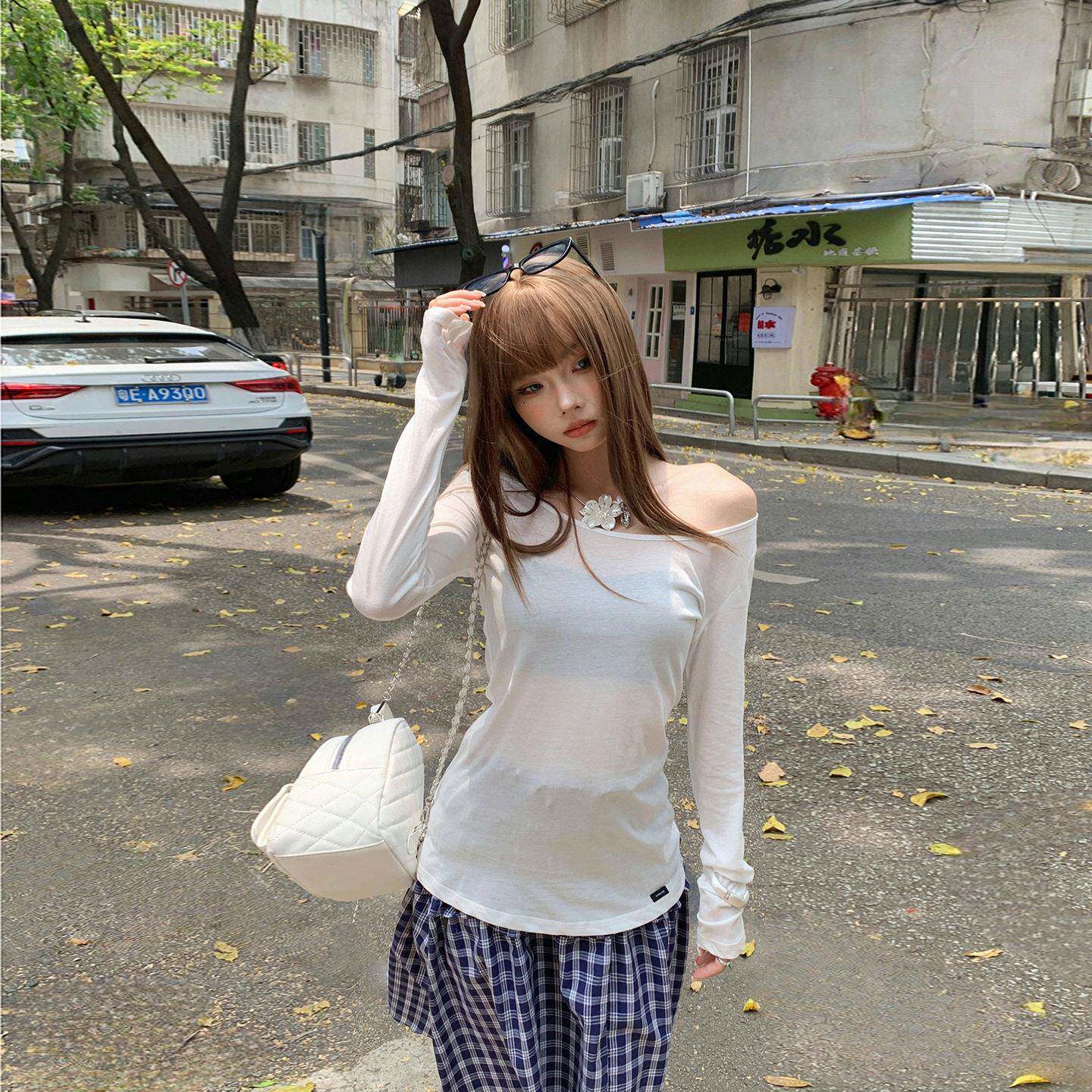 &色薄款宽松长袖恤夏秋内搭百搭显瘦斜肩纯欲上衣女防晒衣
