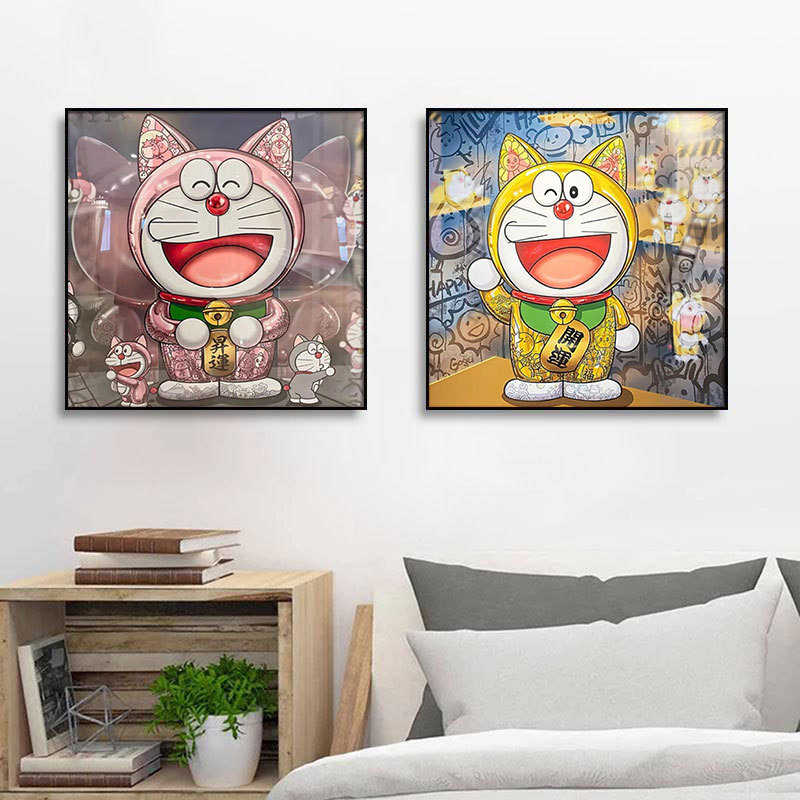 机器猫玄关装饰画隐形富豪客厅落地壁画摆件卡通招财猫正方形挂画图片