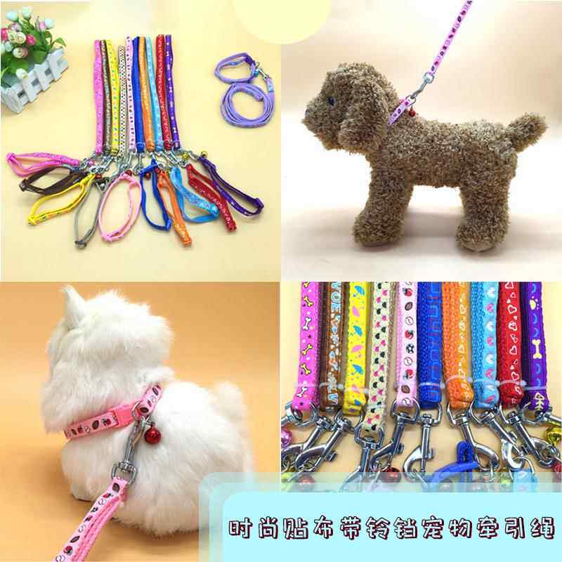 宠物牵引绳 加厚贴花带铃铛小型犬项圈带狗链子 狗绳子 猫绳1.0宽