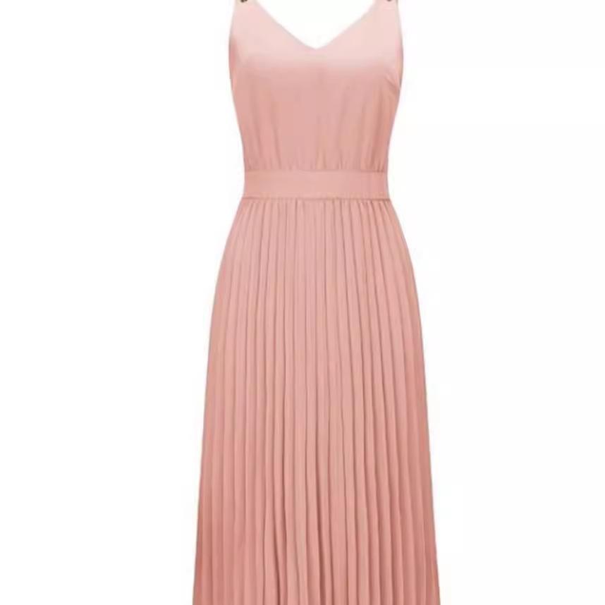 Women's solid color V-neck sexy suspender pleated long skirt