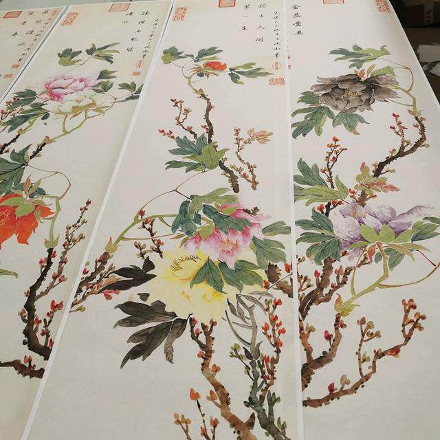 慈禧四条屏新中式水墨花鸟竖幅书画微喷仿古复制学习挂轴国画装饰