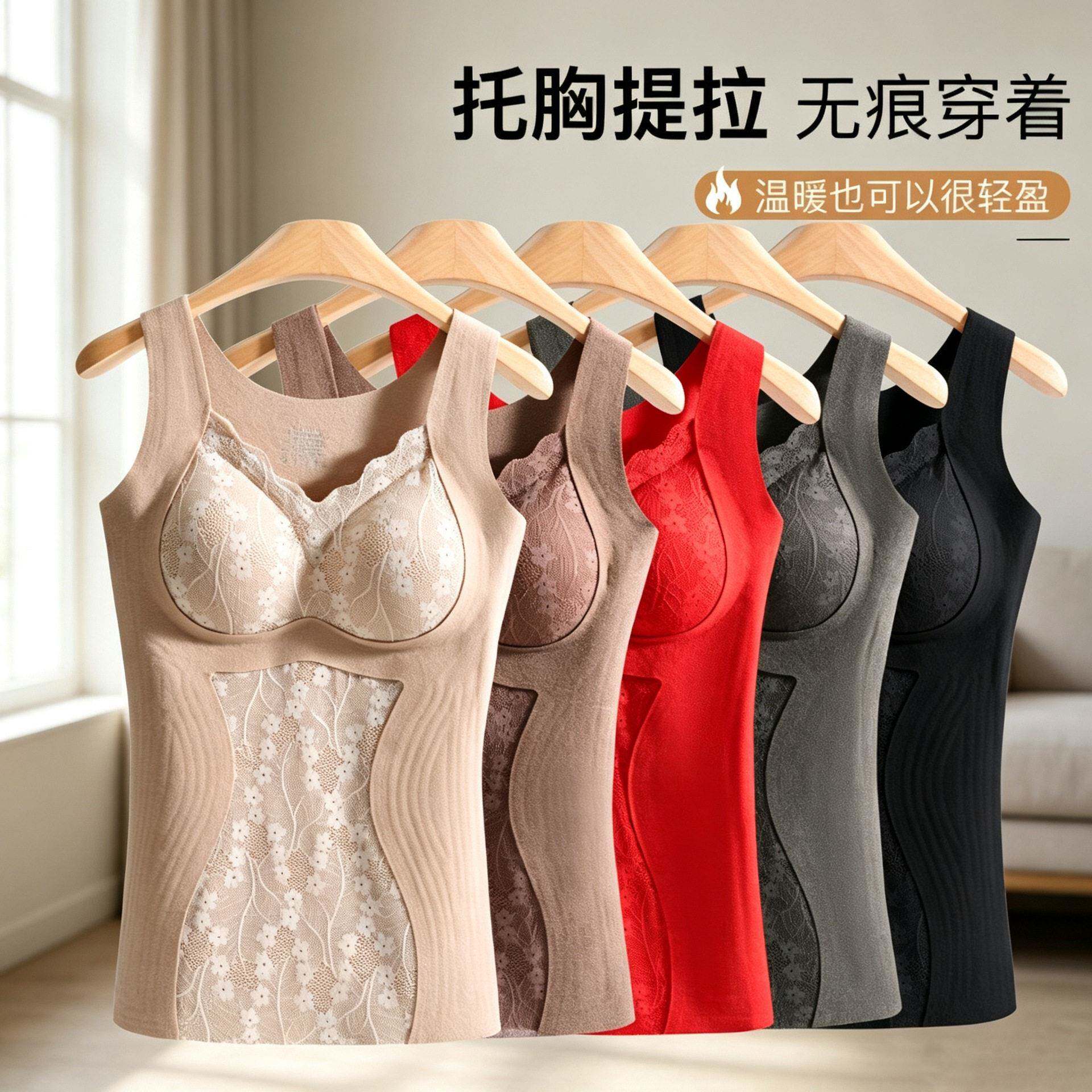 秋冬新款蕾丝提拉塑形保暖背心女带胸垫显瘦收腰无痕百搭打底上衣