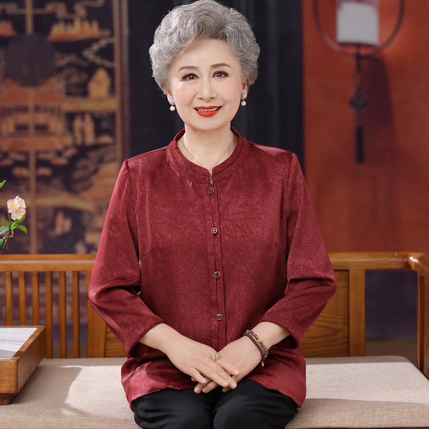 大码中老年人衬衫女开衫夏装桑蚕丝100%套装奶奶国风真丝立领上衣