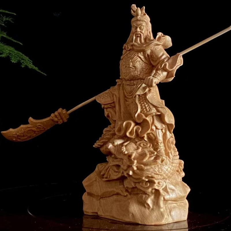 柏木雕刻御龙关公款摆件摆饰规格12×5.4×4桌面装饰木制盘玩工艺