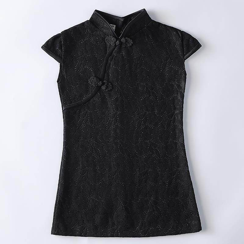 正品黑色旗袍女童式2演025新款夏装女孩新中蕾丝连衣裙儿童小唐装