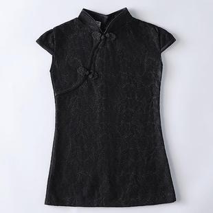 蕾儿丝连衣裙唐装 小女孩新中式 演 夏童装 高档黑色旗袍女童2052新款