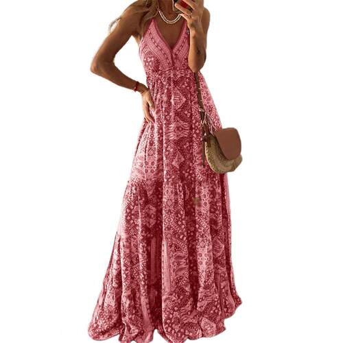 Women Boho Vintage Maxi Dress Loose Flora Print Deep V Neck