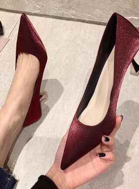 61502低帮2026四季纯色韩版现货绸缎时尚尖头细跟日常均码高跟鞋