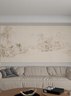 溪山清远图中式复古山水玄关装饰画茶室背景墙面客厅柜子贴纸定制
