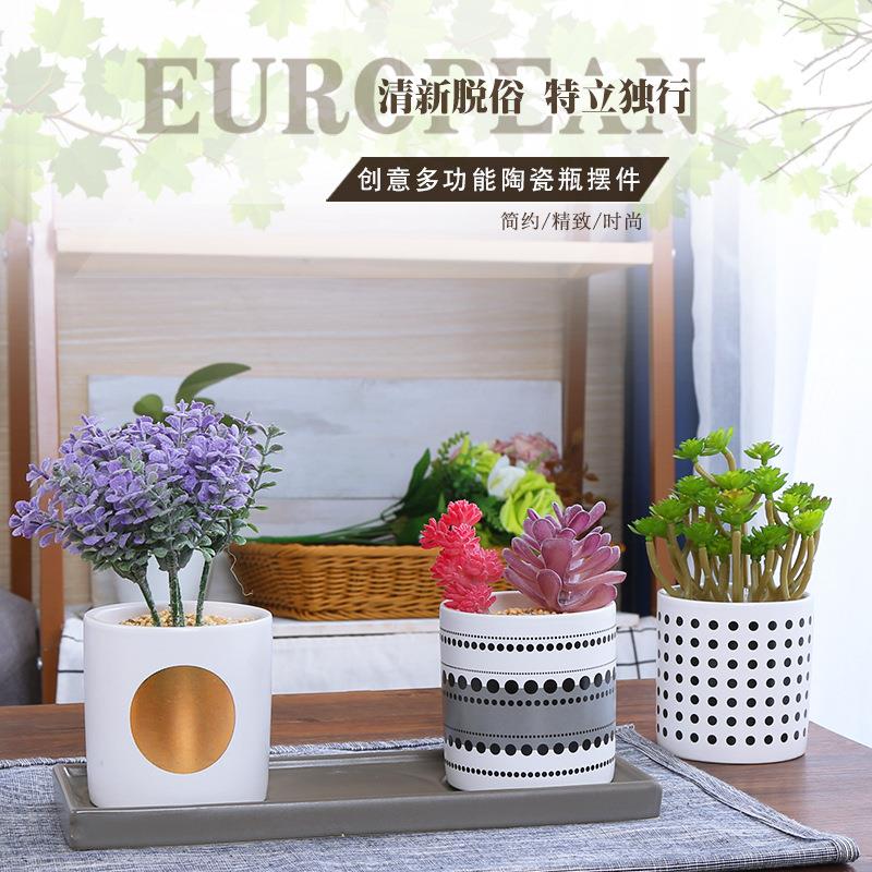 创意北欧陶瓷多功能储蓄罐 笔筒多肉种植卧室客厅样板房桌面摆件