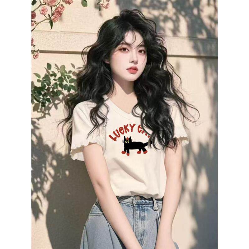 大码夏季时尚木耳边正肩v领短袖t恤女胖妹妹遮肉显瘦宽松洋气上衣