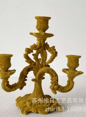 欧式复古浮雕植绒三头烛台卧室装饰客餐厅美式复古中古摆件蜡烛台