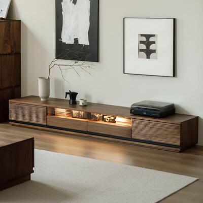 北美黑胡桃木电视柜带灯客厅日式简约意式实木落地视听柜2025新款