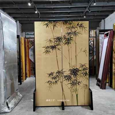 新款子中式手绘金箔竹屏风漆折画隔客厅卧室简断约现代叠移动遮挡