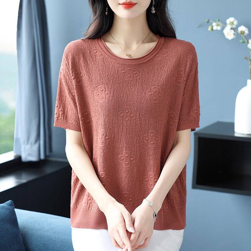中年妈妈圆领短袖桑蚕丝T恤女夏季新款宽松大码休闲百搭薄款上衣
