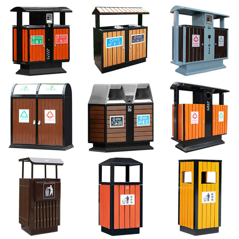 定制户外钢木圆形单筒垃圾箱公园景区环卫果皮商场分类室外垃圾桶