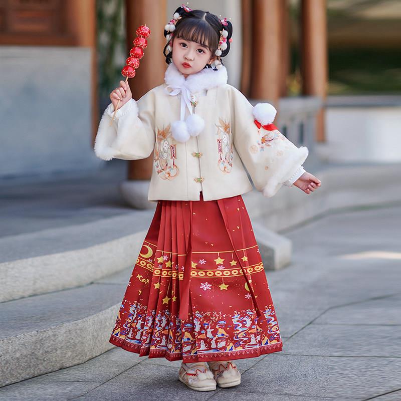 儿童原创刺绣拜年服马面裙中国风女童汉服加绒唐装喜庆服古装新款