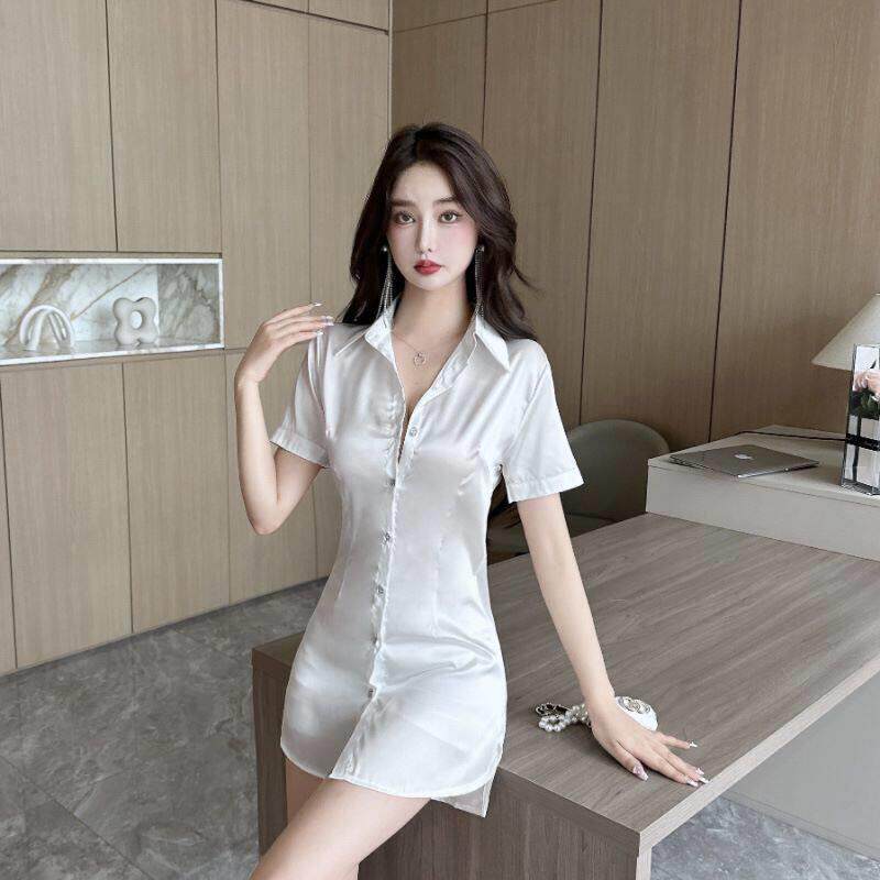 性感桑拿衬衫裙女中长款夜场连衣裙遮肚显瘦洗浴场足浴技师工作服