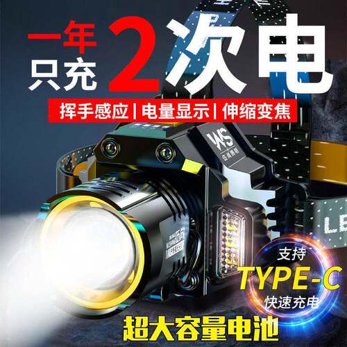 LED头灯强光远射可充电防水超亮头戴式矿灯超长续航手电筒钓鱼灯