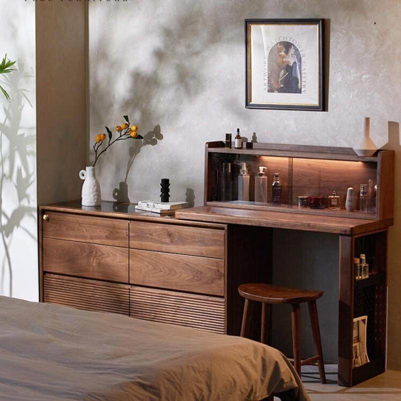 实木梳妆台斗柜一体化妆桌收纳床尾柜黑胡桃卧室可移动