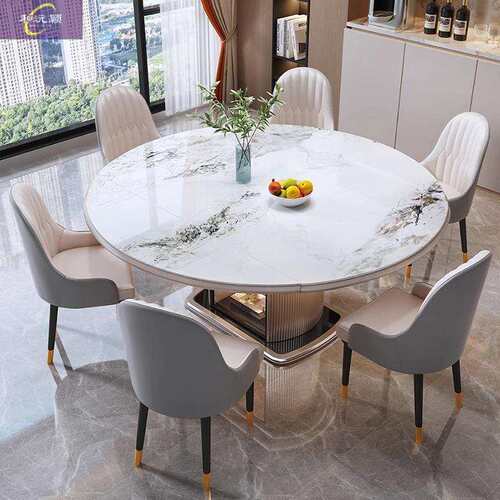 现代简约轻奢家用岩板餐桌方圆两用伸缩小户型餐桌可变圆形储物