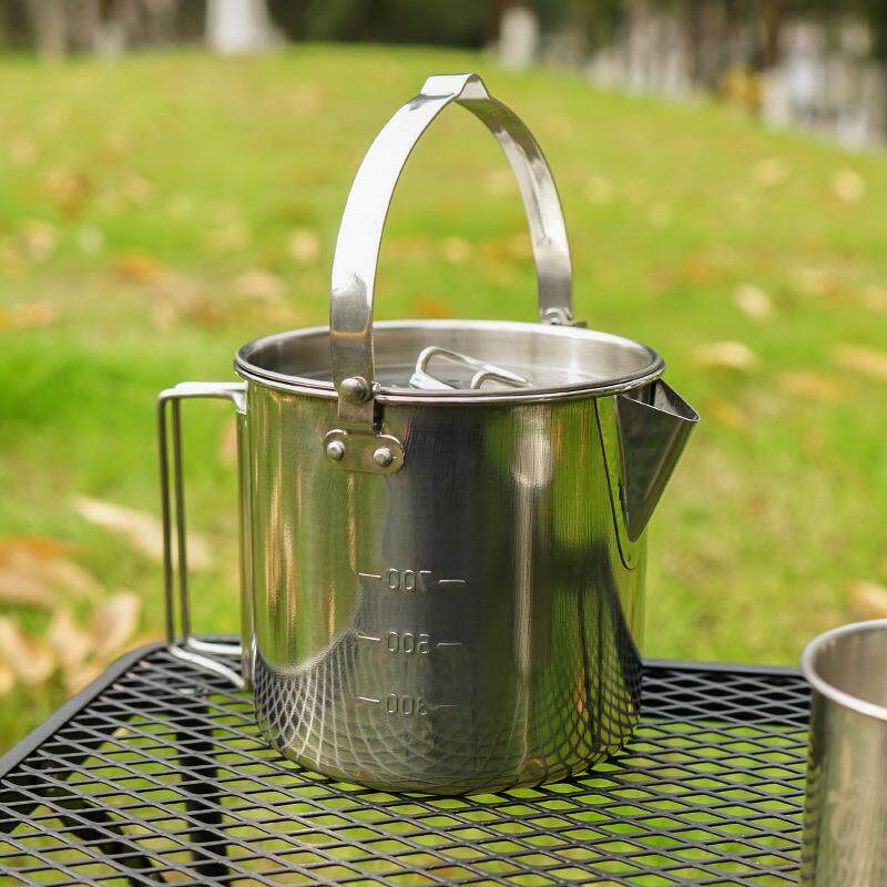 户外不锈钢烧水壶1.2L登山野营茶壶便携吊锅炊具咖啡壶野餐锅