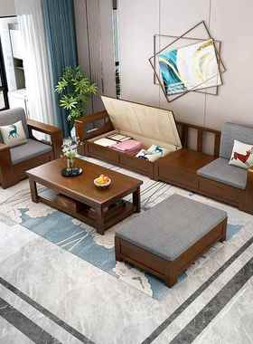 箱冬夏两用型实木沙发原木布艺合家用经组济型现QUE简约高储代物