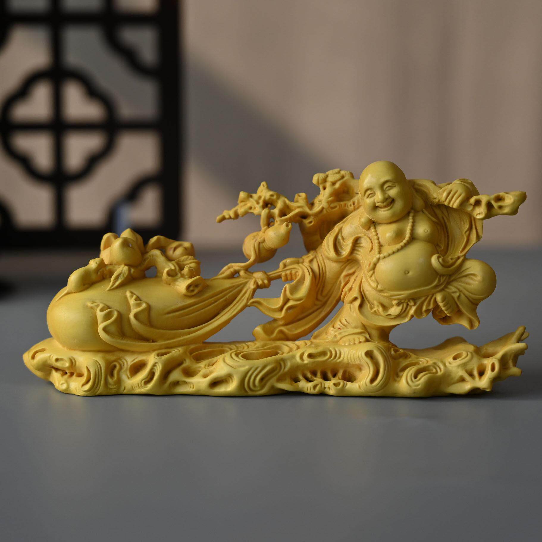 黄杨木雕拉袋弥勒佛摆件实木雕刻布袋和尚佛像居家木质工艺品摆件