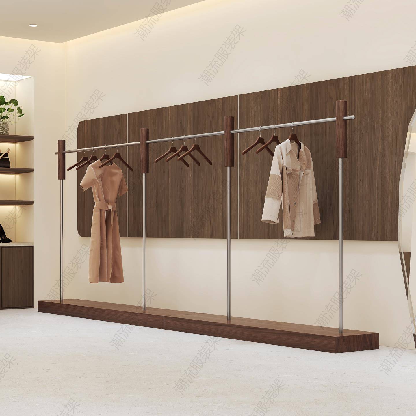 服装店展示架胡桃木色落地式陈列带板女装店中岛不锈钢男装货架