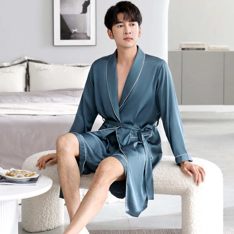 春秋男士冰丝长袖睡袍夏季薄款凉感丝绸睡衣中长款时尚浴袍