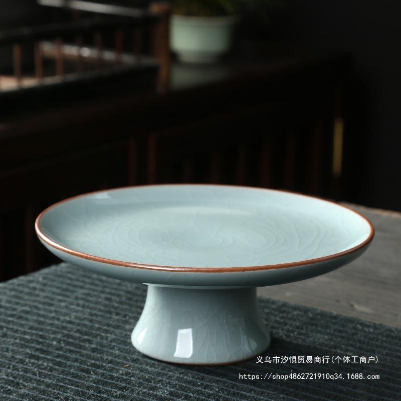哥窑中式茶点盘高脚水果盘禅意小碟子汝窑点心干果碗陶瓷供佛托盘