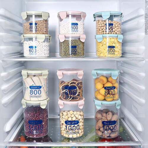 Airtight plastic food containers, storage jars, organization