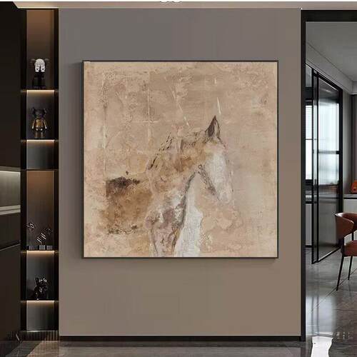 纯手绘油画中古风小众正方形客厅装饰画马到成功抽象肌理卧室挂画