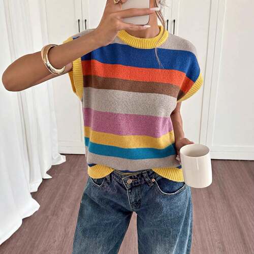 Women ' s Striped Knit Loose Casual Short Sleeve Pullover