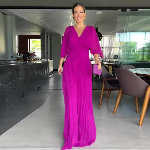 Womens Elegant Green Pleated Maxi Dress V Neck Flutter