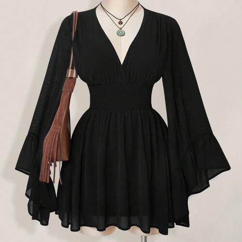 Dress with flared sleeves, short mesh, sexy dress