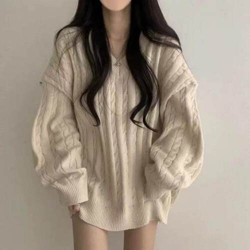 Women'S Casual Loose Knit Sweater , Simple V Neck Design,
