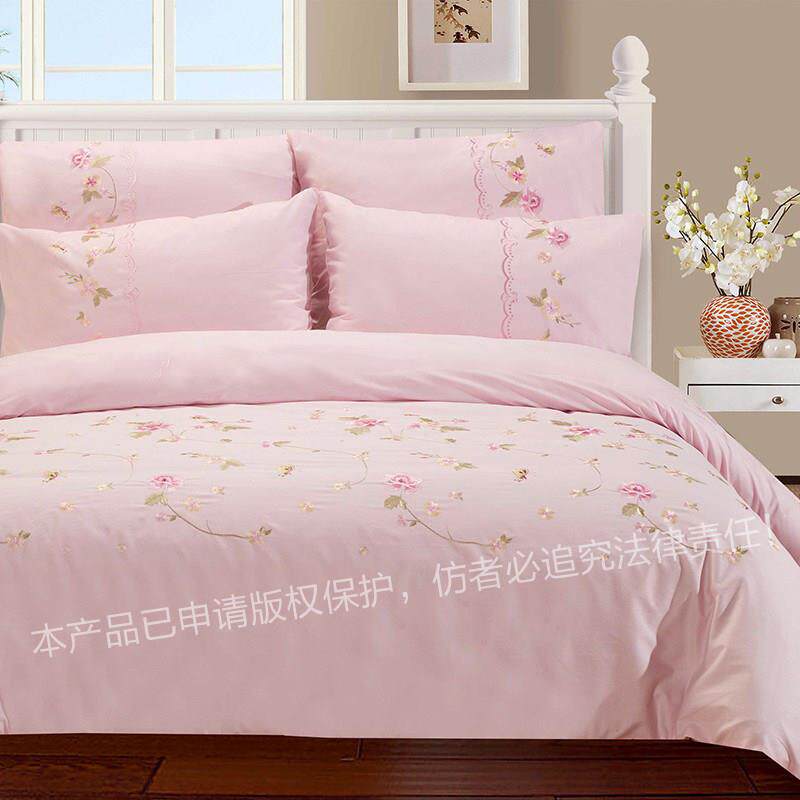 高档威名套k色型纯棉绣花四件套床上用品粉红婚礼绣花棉被床单枕