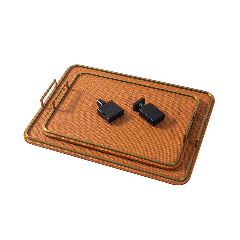 现轻奢橙色皮质长方形衣帽间收纳皮革托盘售楼处软装饰品