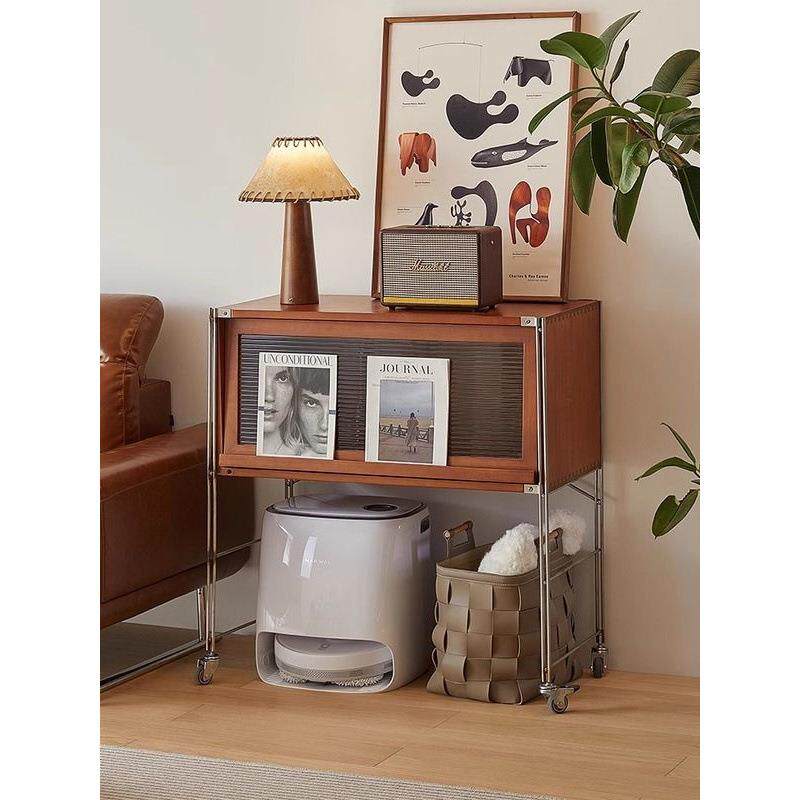 中古实木扫地机器人置物架移动置物柜复古客厅书柜边柜家政收纳柜