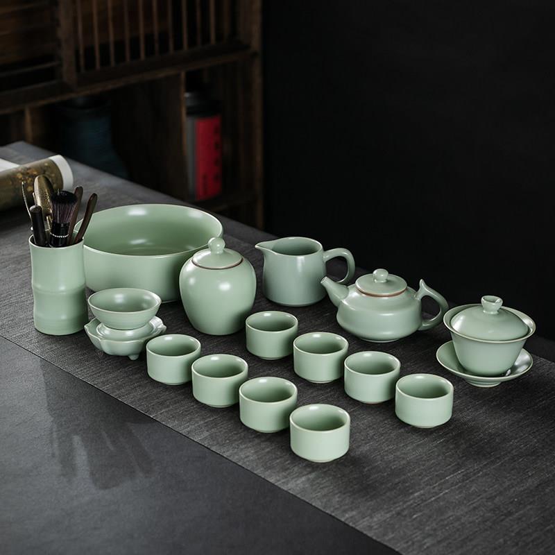 汝窑茶具套装家用一整套陶瓷茶壶盖碗现代简约办公室泡茶器礼盒装